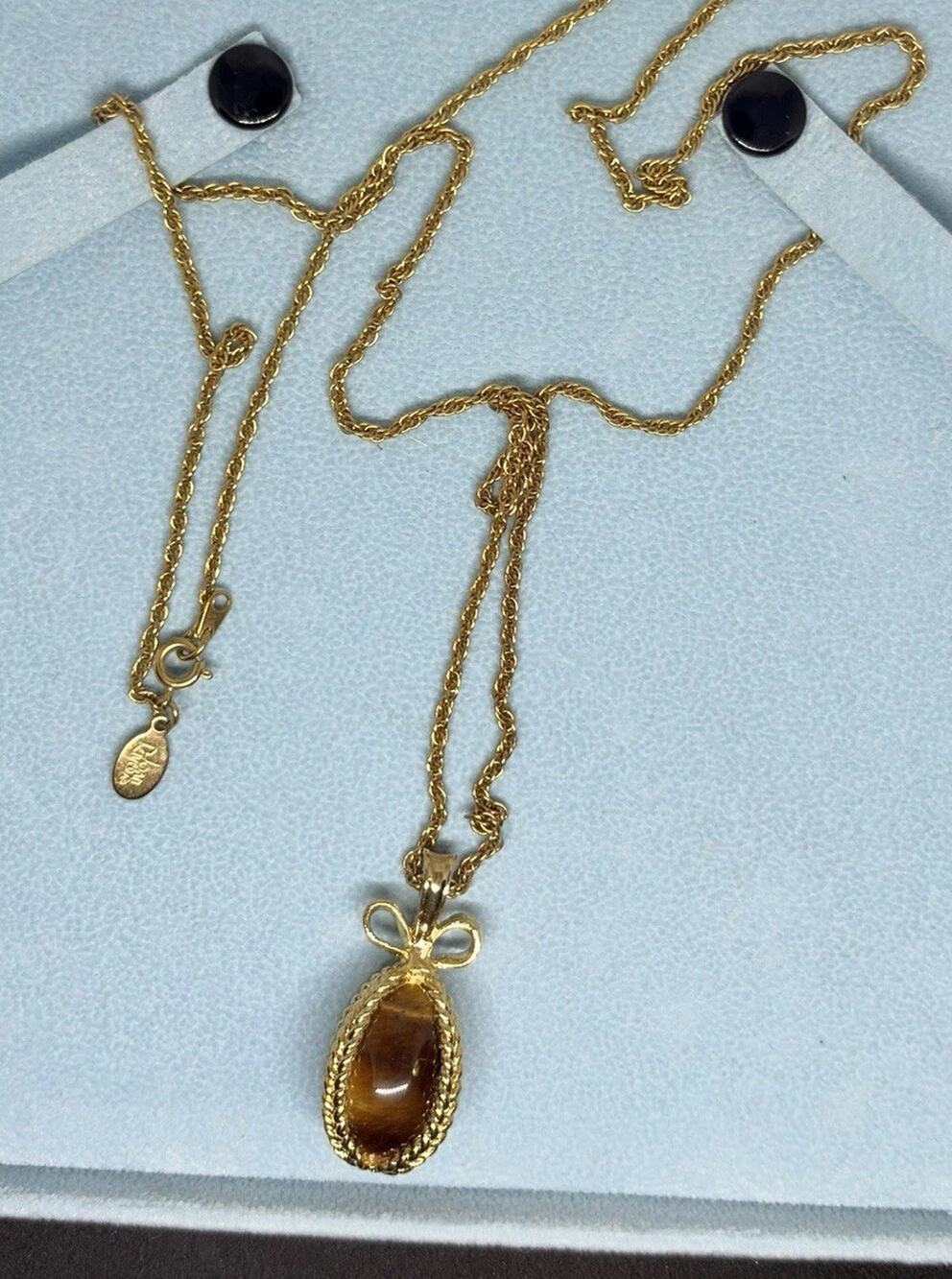 Brand New Joan Rivers Tiger Eye Egg Pendant On Chain Golden Necklace 28”
